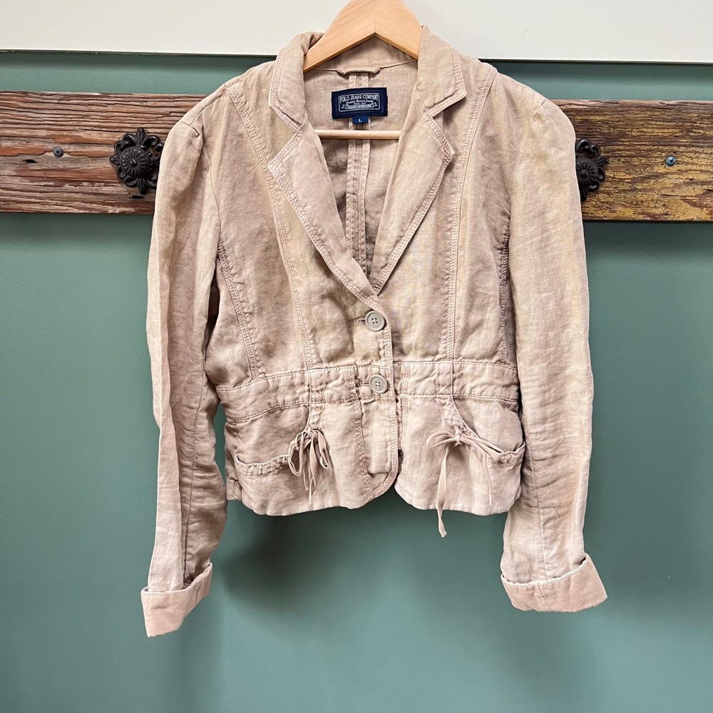 Polo Jeans Co Ralph Lauren Women Tan 100% Linen Safari Utility Blazer Jacket‎ L
